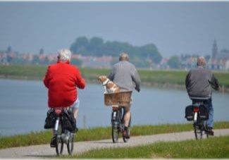 people biking along a lake